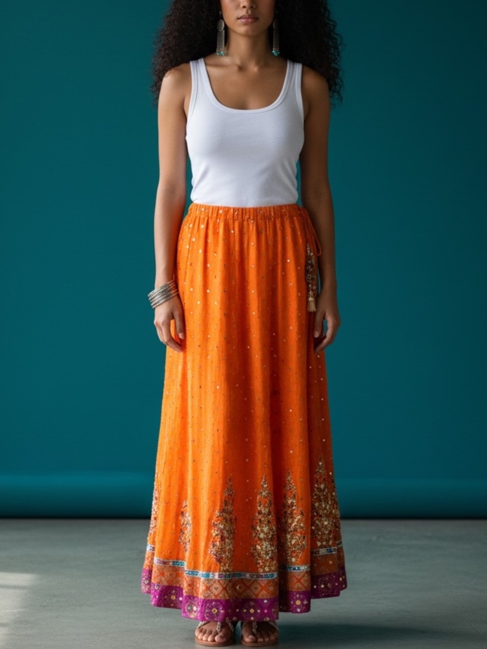 Vtg Orange Gold Sequin Embroidered Lehenga Chiffon Maxi Skirt M/L Mirror Work